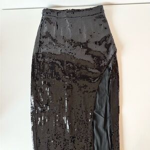 Lulus Throwing Sparkles Black Sequin Side Slit Midi Skirt